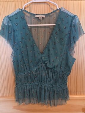 American Eagle Outfitters Teal Floral Ruffle Peplum V-Neck Top